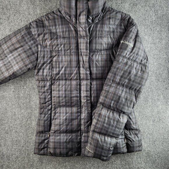 Columbia Small Plaid Dark Gray Puffer Jacket Full Zip Duck Down Women Zip Pocket - Picture 1 of 16